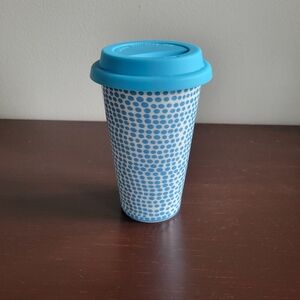 Ceramic Polka Dot Travel Tumbler Mug w/ Silicone Lid, Blue and White - 12oz